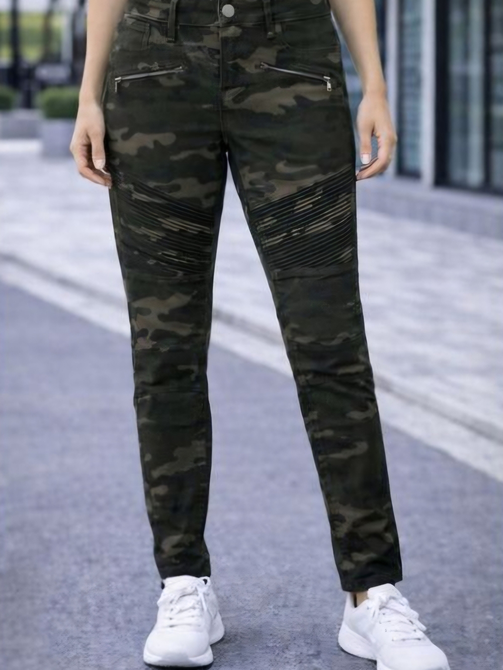Tinseltown Women's Skinny Camo Moto Pants - Olive Green